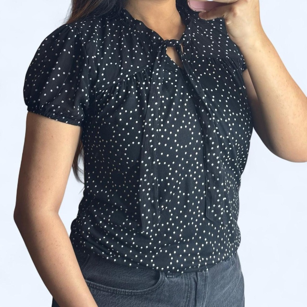 LOFT Black and White Polka Dot Tie-Neck Puff Sleeve Blouse